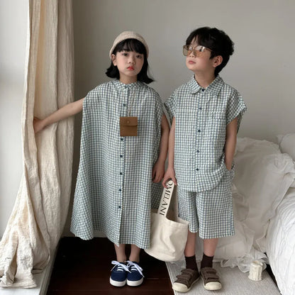 半袖セットアップ キッズセットアップ 2点セット/ワンピース ボーイズ半袖シャツ+ショートパンツ/ガールズノースリーブフロントオープンワンピ チェック リンクコーデ 兄弟姉妹 お揃いコーデ【mh0004885】