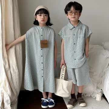 半袖セットアップ キッズセットアップ 2点セット/ワンピース ボーイズ半袖シャツ+ショートパンツ/ガールズノースリーブフロントオープンワンピ チェック リンクコーデ 兄弟姉妹 お揃いコーデ【mh0004885】