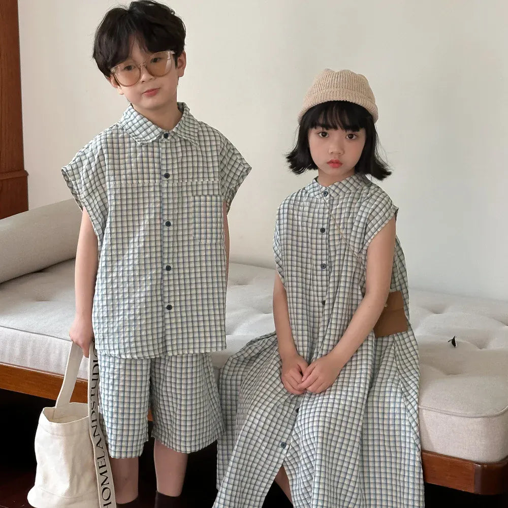 半袖セットアップ キッズセットアップ 2点セット/ワンピース ボーイズ半袖シャツ+ショートパンツ/ガールズノースリーブフロントオープンワンピ チェック リンクコーデ 兄弟姉妹 お揃いコーデ【mh0004885】