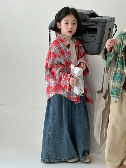 長袖シャツ・ブラウス キッズトップス チェック長袖ルーズシャツ 2カラー【mh0007055】
