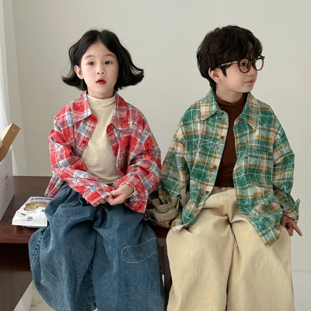 長袖シャツ・ブラウス キッズトップス チェック長袖ルーズシャツ 2カラー【mh0007055】