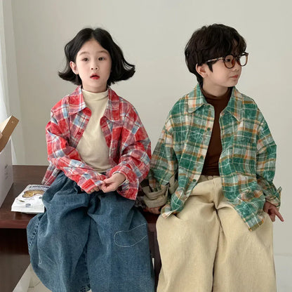 長袖シャツ・ブラウス キッズトップス チェック長袖ルーズシャツ 2カラー【mh0007055】