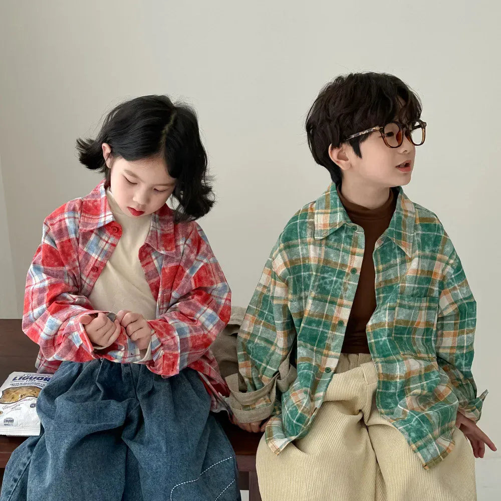 長袖シャツ・ブラウス キッズトップス チェック長袖ルーズシャツ 2カラー【mh0007055】