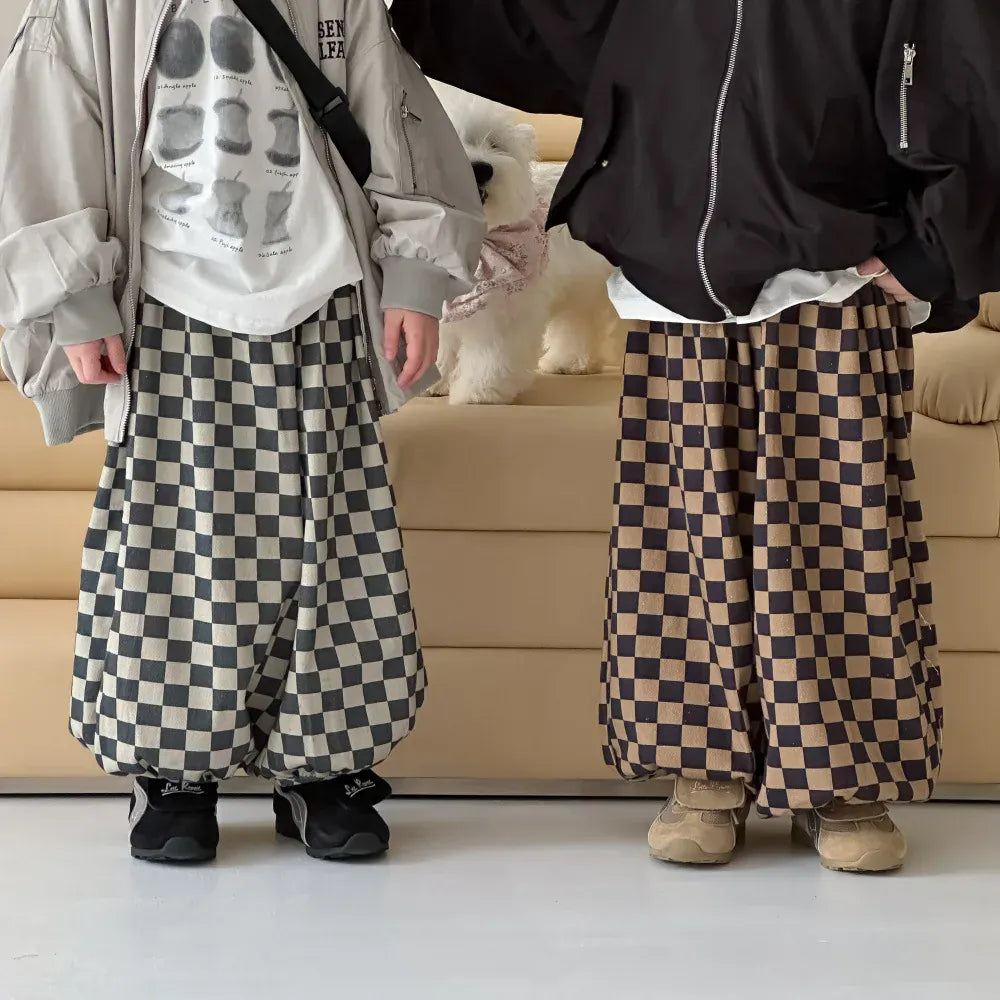 ロングパンツ・スウェットパンツ キッズパンツ チェッカーチェックロングルーズパンツ 2カラー【mh0007367】