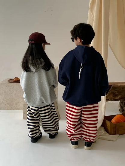 長袖セットアップ キッズトップス/パンツ レターロゴプリントフーディパーカー/ボーダー裏フリースロングスウェットパンツ 2カラー【mh0007478】