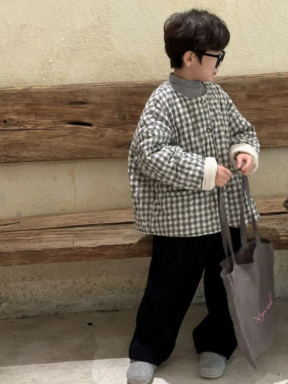 ショートコート・ジャケット・ジャンパー キッズアウター レトロチェックノーカラー裏フリースコートジャケット 2カラー【mh0007570】
