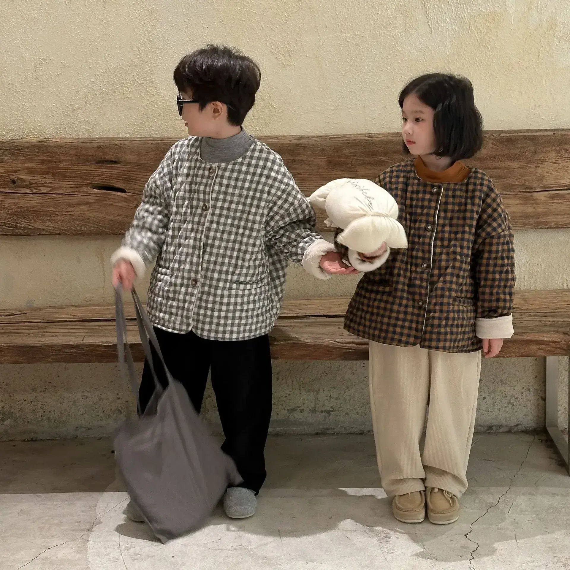 ショートコート・ジャケット・ジャンパー キッズアウター レトロチェックノーカラー裏フリースコートジャケット 2カラー【mh0007570】