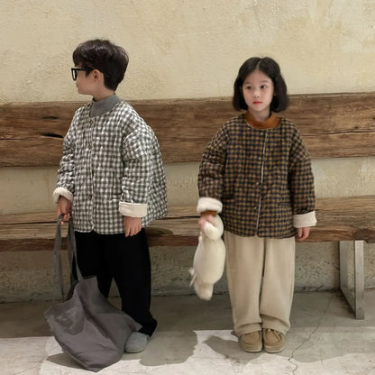 ショートコート・ジャケット・ジャンパー キッズアウター レトロチェックノーカラー裏フリースコートジャケット 2カラー【mh0007570】