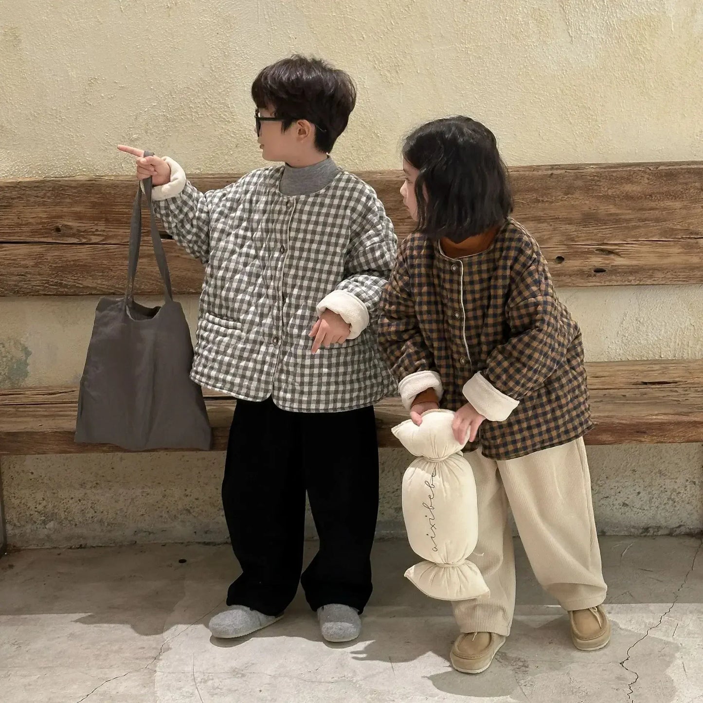 ショートコート・ジャケット・ジャンパー キッズアウター レトロチェックノーカラー裏フリースコートジャケット 2カラー【mh0007570】