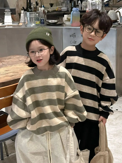 トレーナー・フーディ キッズトップス 太ボーダードロップショルダー裏フリース長袖スウェットシャツ 2カラー【mh0007579】