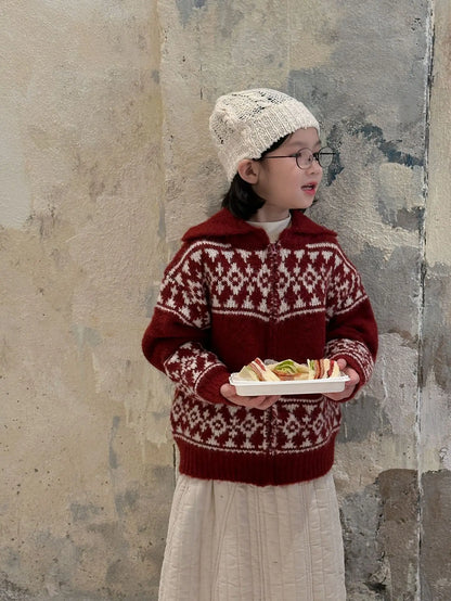 ショートコート・ジャケット・ジャンパー キッズジャケット 幾何学チロリアンジップアップ襟付きニットジャケット 2カラー【mh0007600】