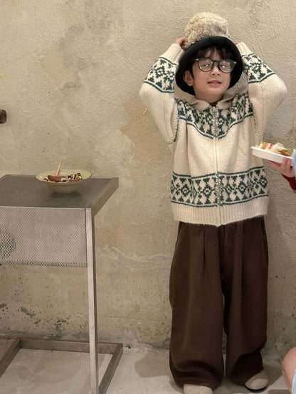 ショートコート・ジャケット・ジャンパー キッズジャケット 幾何学チロリアンジップアップ襟付きニットジャケット 2カラー【mh0007600】