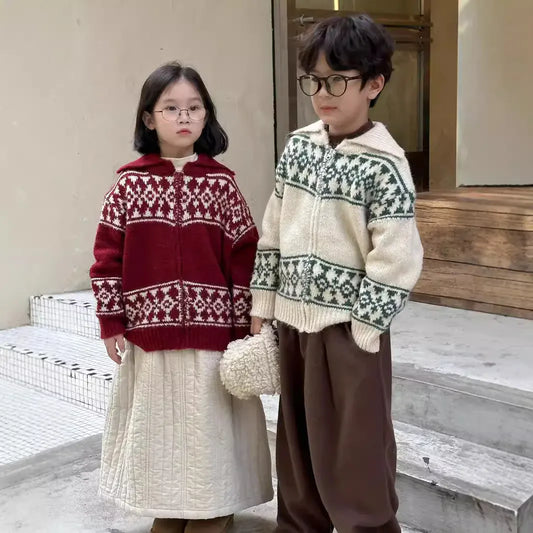 ショートコート・ジャケット・ジャンパー キッズジャケット 幾何学チロリアンジップアップ襟付きニットジャケット 2カラー【mh0007600】