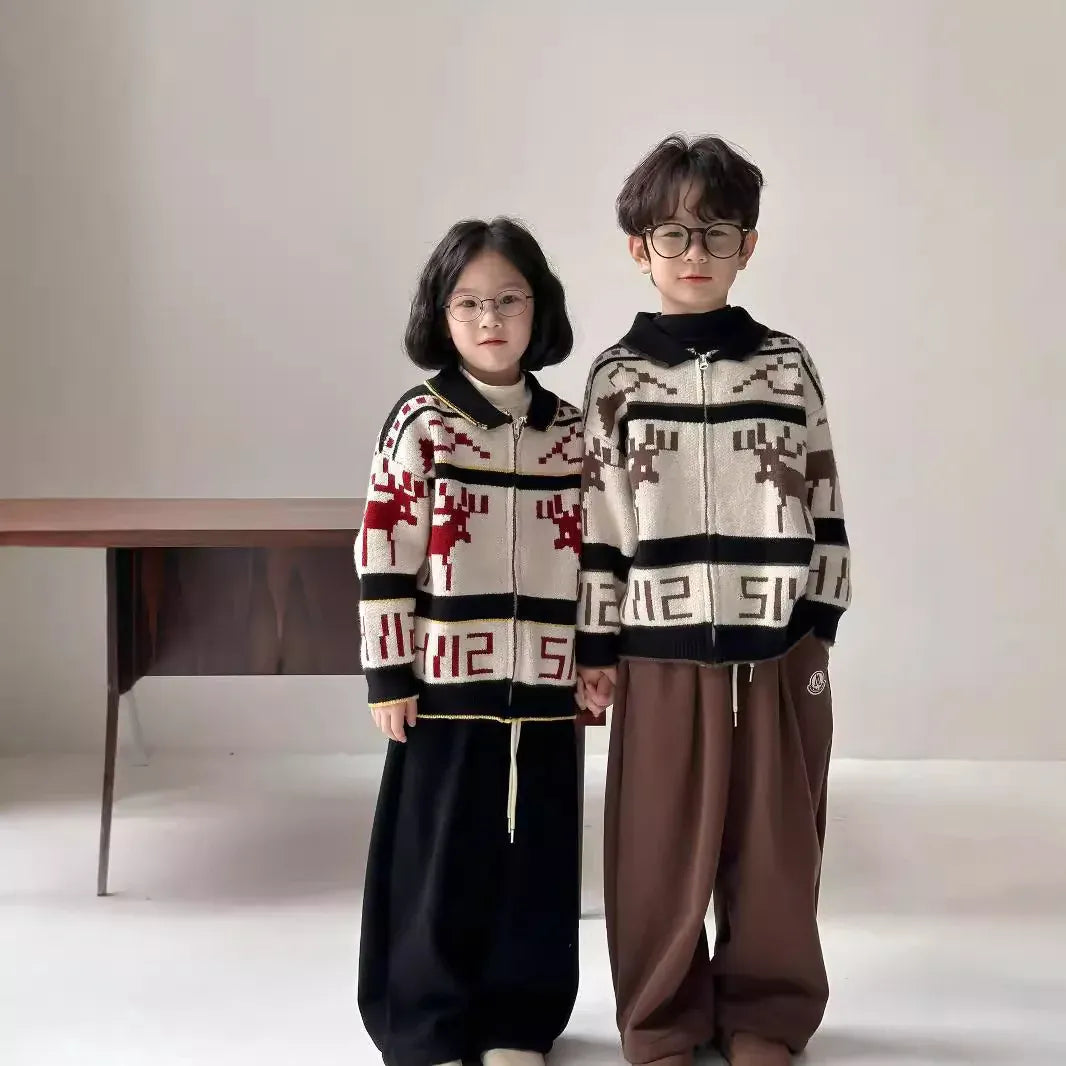 ショートコート・ジャケット・ジャンパー キッズジャケット トナカイエルク北欧柄ジップアップ襟付きニットジャケット 2カラー【mh0007617】