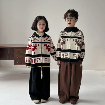 ショートコート・ジャケット・ジャンパー キッズジャケット トナカイエルク北欧柄ジップアップ襟付きニットジャケット 2カラー【mh0007617】