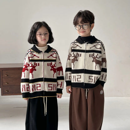 ショートコート・ジャケット・ジャンパー キッズジャケット トナカイエルク北欧柄ジップアップ襟付きニットジャケット 2カラー【mh0007617】