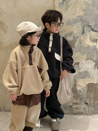 長袖セットアップ キッズセットアップ 2点セット ボアフリーススタンドカラー長袖スウェットシャツ+ロングスウェットパンツ【mh0008254】