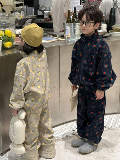 長袖セットアップ キッズセットアップ 2点セット フラワープリントフリースジップアップジャケット+ロングパンツ【mh0008317】