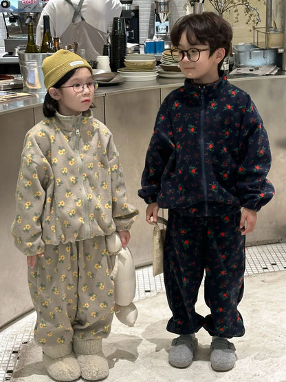 長袖セットアップ キッズセットアップ 2点セット フラワープリントフリースジップアップジャケット+ロングパンツ【mh0008317】