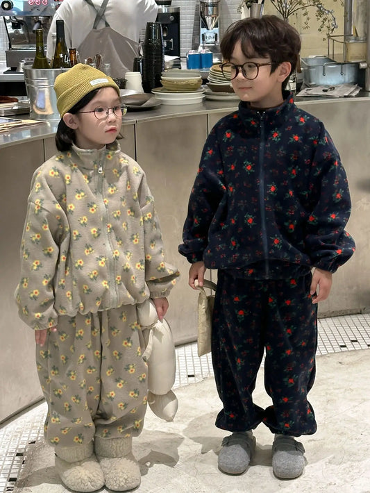 長袖セットアップ キッズセットアップ 2点セット フラワープリントフリースジップアップジャケット+ロングパンツ【mh0008317】