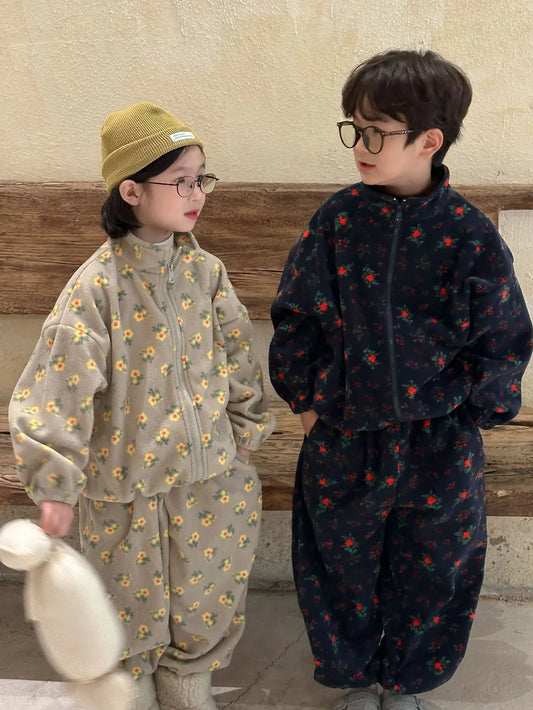 長袖セットアップ キッズセットアップ 2点セット フラワープリントフリースジップアップジャケット+ロングパンツ【mh0008317】