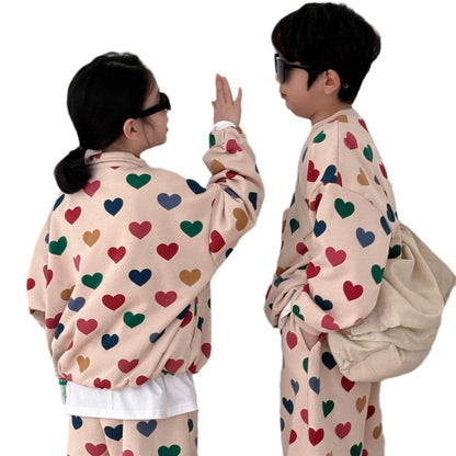 長袖セットアップ キッズセットアップ 2点セット カラフルハートプリントガールズセット/ボーイズセット リンクコーデ 兄弟姉妹 お揃いコーデ【mh0009192】