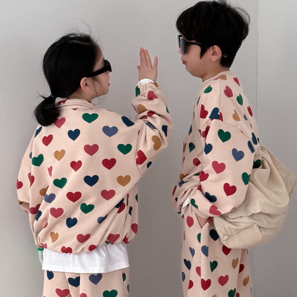 長袖セットアップ キッズセットアップ 2点セット カラフルハートプリントガールズセット/ボーイズセット リンクコーデ 兄弟姉妹 お揃いコーデ【mh0009192】