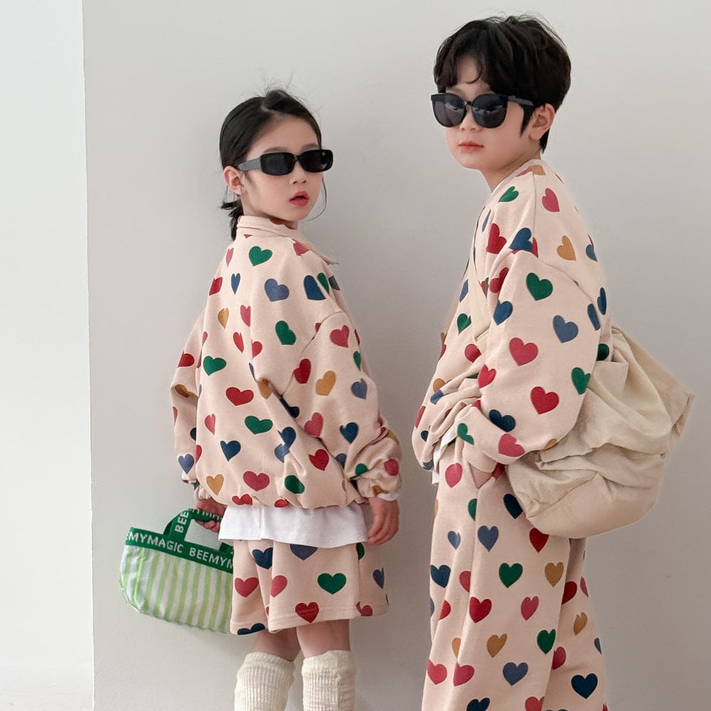 長袖セットアップ キッズセットアップ 2点セット カラフルハートプリントガールズセット/ボーイズセット リンクコーデ 兄弟姉妹 お揃いコーデ【mh0009192】