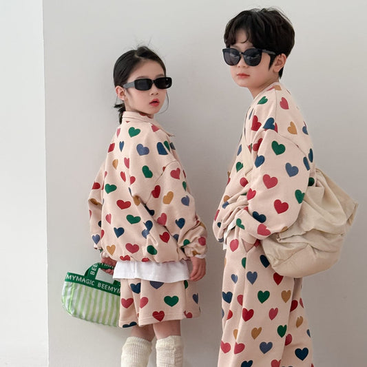 長袖セットアップ キッズセットアップ 2点セット カラフルハートプリントガールズセット/ボーイズセット リンクコーデ 兄弟姉妹 お揃いコーデ【mh0009192】