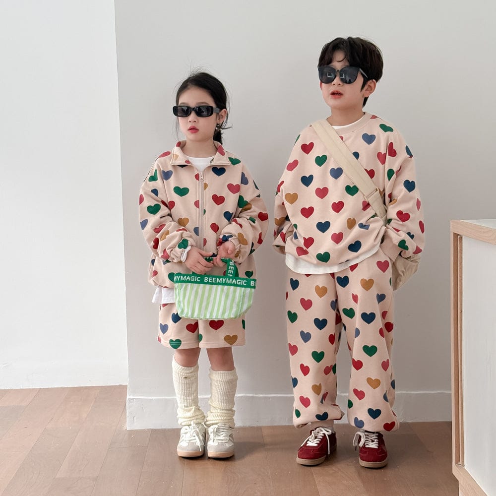 長袖セットアップ キッズセットアップ 2点セット カラフルハートプリントガールズセット/ボーイズセット リンクコーデ 兄弟姉妹 お揃いコーデ【mh0009192】