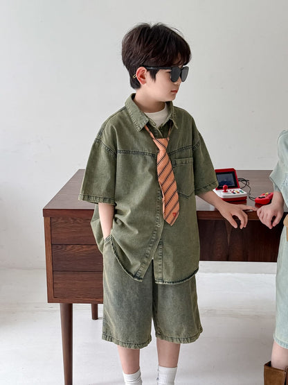 半袖セットアップ デニム半袖シャツ+ショートパンツセットアップ 2点セット【mh0010061】