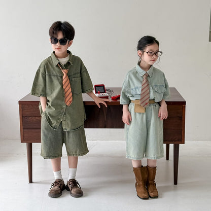 半袖セットアップ デニム半袖シャツ+ショートパンツセットアップ 2点セット【mh0010061】