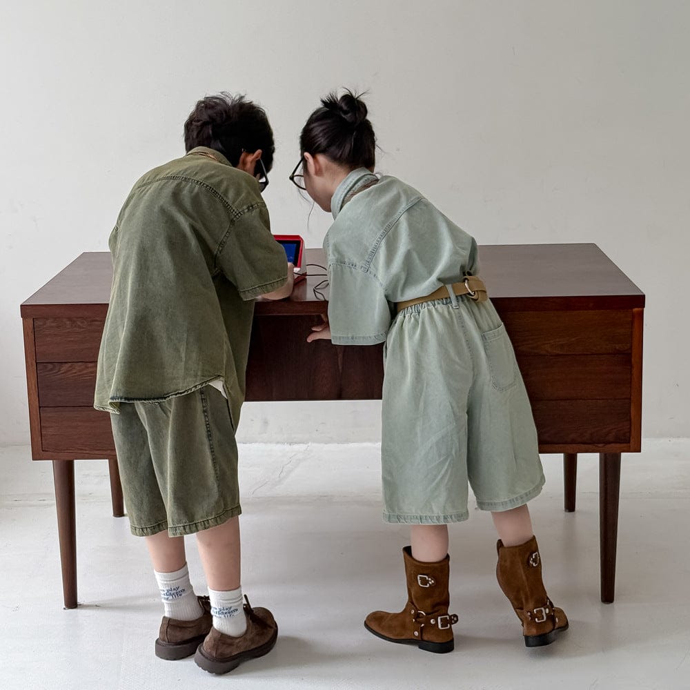 半袖セットアップ デニム半袖シャツ+ショートパンツセットアップ 2点セット【mh0010061】