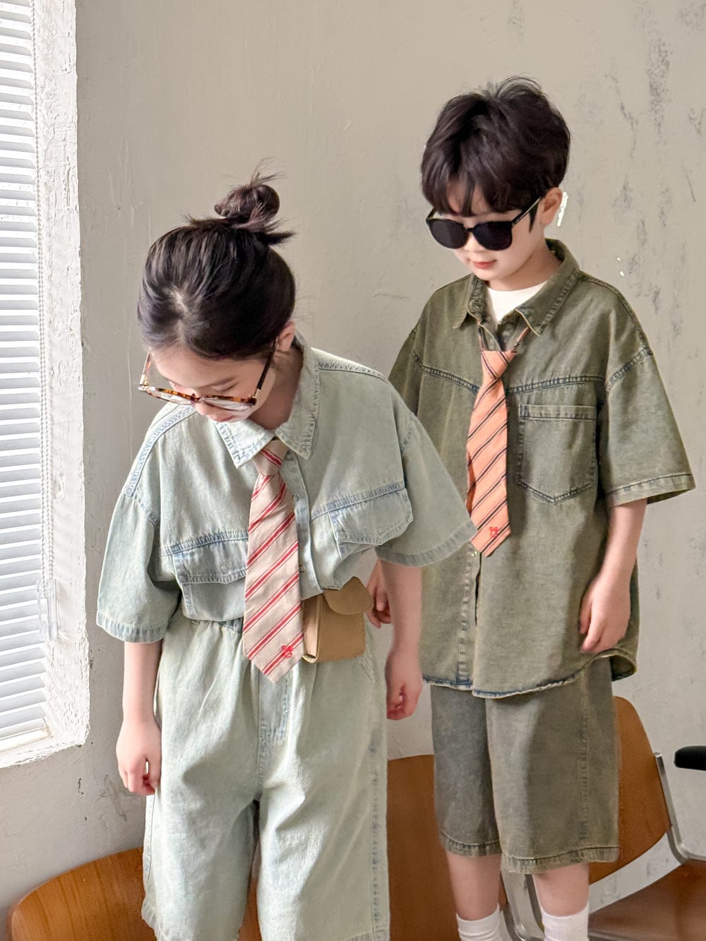 半袖セットアップ デニム半袖シャツ+ショートパンツセットアップ 2点セット【mh0010061】