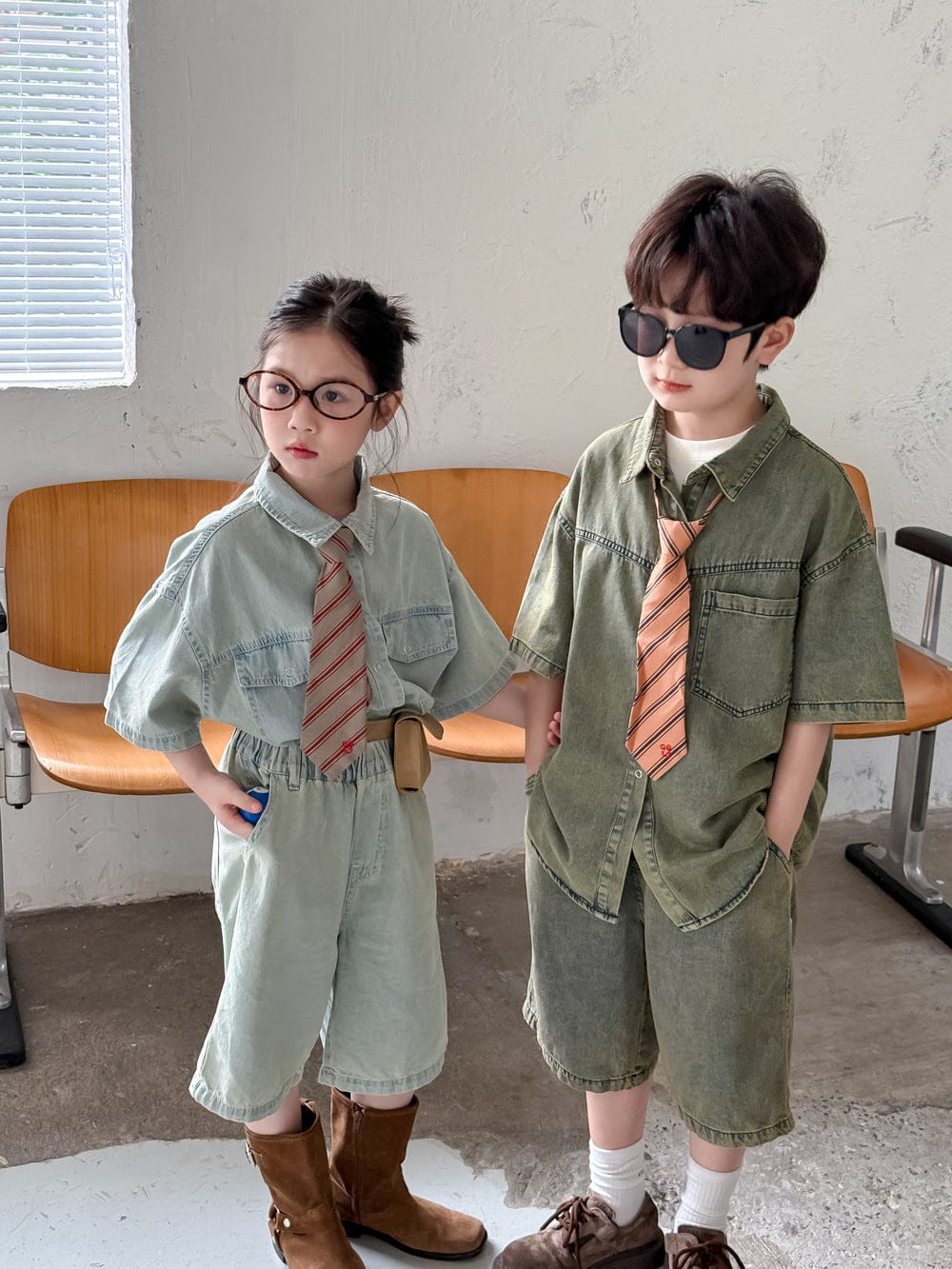 半袖セットアップ デニム半袖シャツ+ショートパンツセットアップ 2点セット【mh0010061】