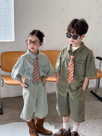 半袖セットアップ デニム半袖シャツ+ショートパンツセットアップ 2点セット【mh0010061】