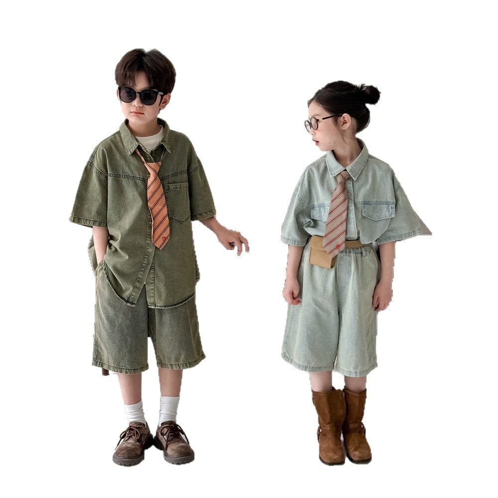 半袖セットアップ デニム半袖シャツ+ショートパンツセットアップ 2点セット【mh0010061】