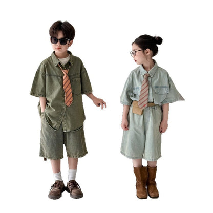 半袖セットアップ デニム半袖シャツ+ショートパンツセットアップ 2点セット【mh0010061】