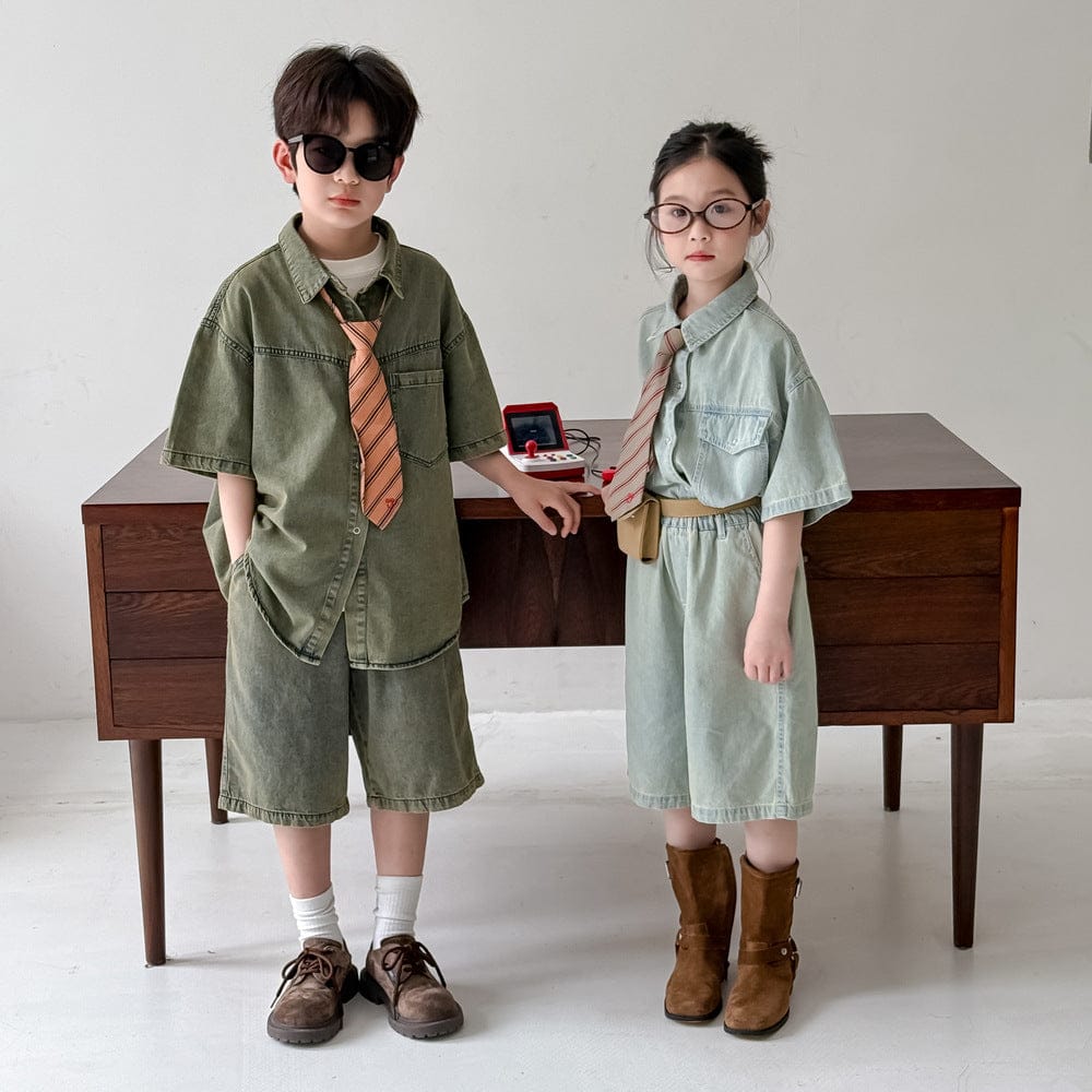 半袖セットアップ デニム半袖シャツ+ショートパンツセットアップ 2点セット【mh0010061】