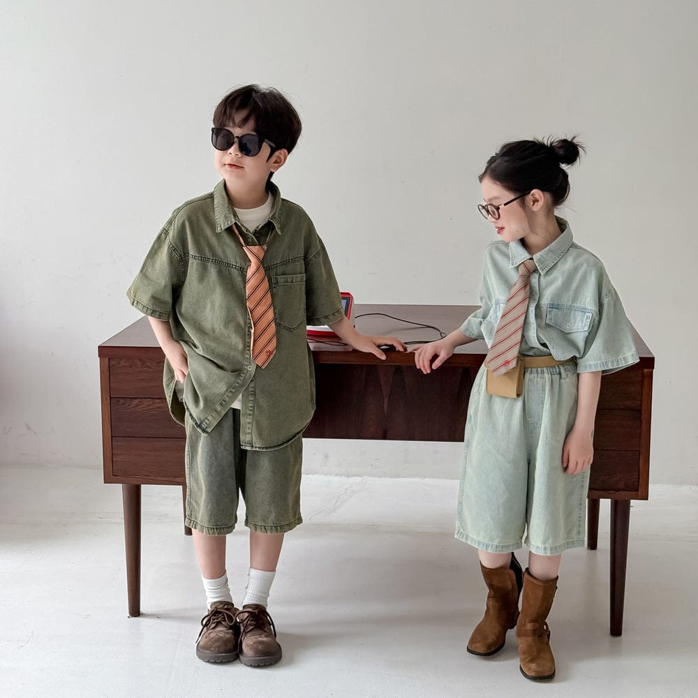 半袖セットアップ デニム半袖シャツ+ショートパンツセットアップ 2点セット【mh0010061】