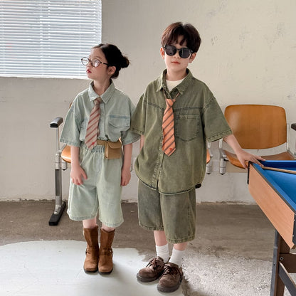 半袖セットアップ デニム半袖シャツ+ショートパンツセットアップ 2点セット【mh0010061】