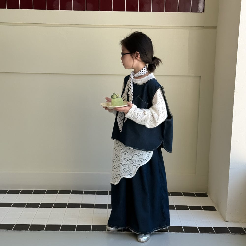 ノースリーブセットアップ デニムベスト+ワイドパンツセットアップ 2点セット/レースアシメ重ね着長袖ワンピース【mh0010969】