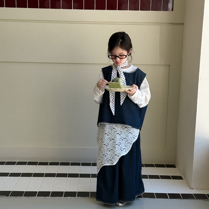 ノースリーブセットアップ デニムベスト+ワイドパンツセットアップ 2点セット/レースアシメ重ね着長袖ワンピース【mh0010969】