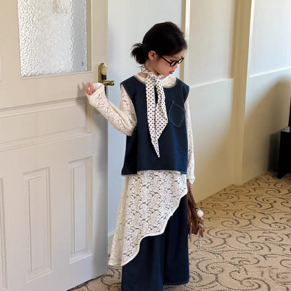 ノースリーブセットアップ デニムベスト+ワイドパンツセットアップ 2点セット/レースアシメ重ね着長袖ワンピース【mh0010969】