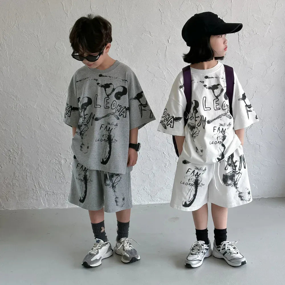 半袖セットアップ キッズセットアップ 2点セット 半袖Tシャツ+ハーフパンツ グラフィックプリント 2カラー【mh0005284】