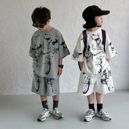 半袖セットアップ キッズセットアップ 2点セット 半袖Tシャツ+ハーフパンツ グラフィックプリント 2カラー【mh0005284】