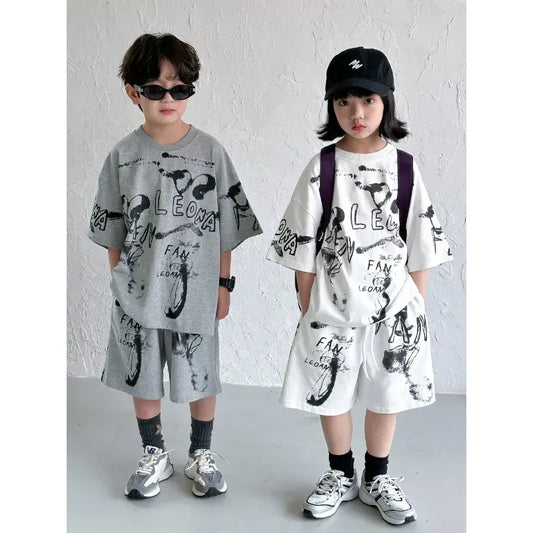 半袖セットアップ キッズセットアップ 2点セット 半袖Tシャツ+ハーフパンツ グラフィックプリント 2カラー【mh0005284】