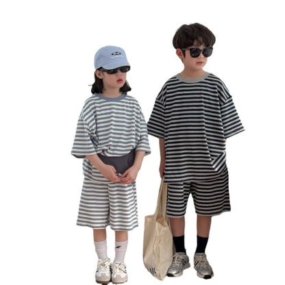 半袖セットアップ ボーダーセットアップ 2点セット 半袖Tシャツ+ハーフパンツ【mh0009681】