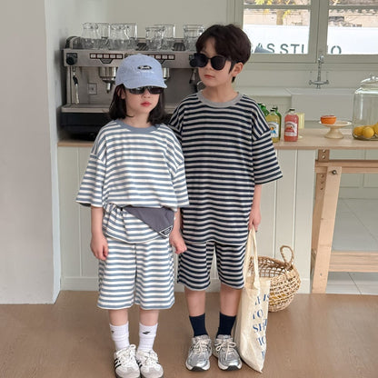 半袖セットアップ ボーダーセットアップ 2点セット 半袖Tシャツ+ハーフパンツ【mh0009681】