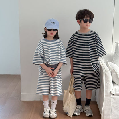 半袖セットアップ ボーダーセットアップ 2点セット 半袖Tシャツ+ハーフパンツ【mh0009681】